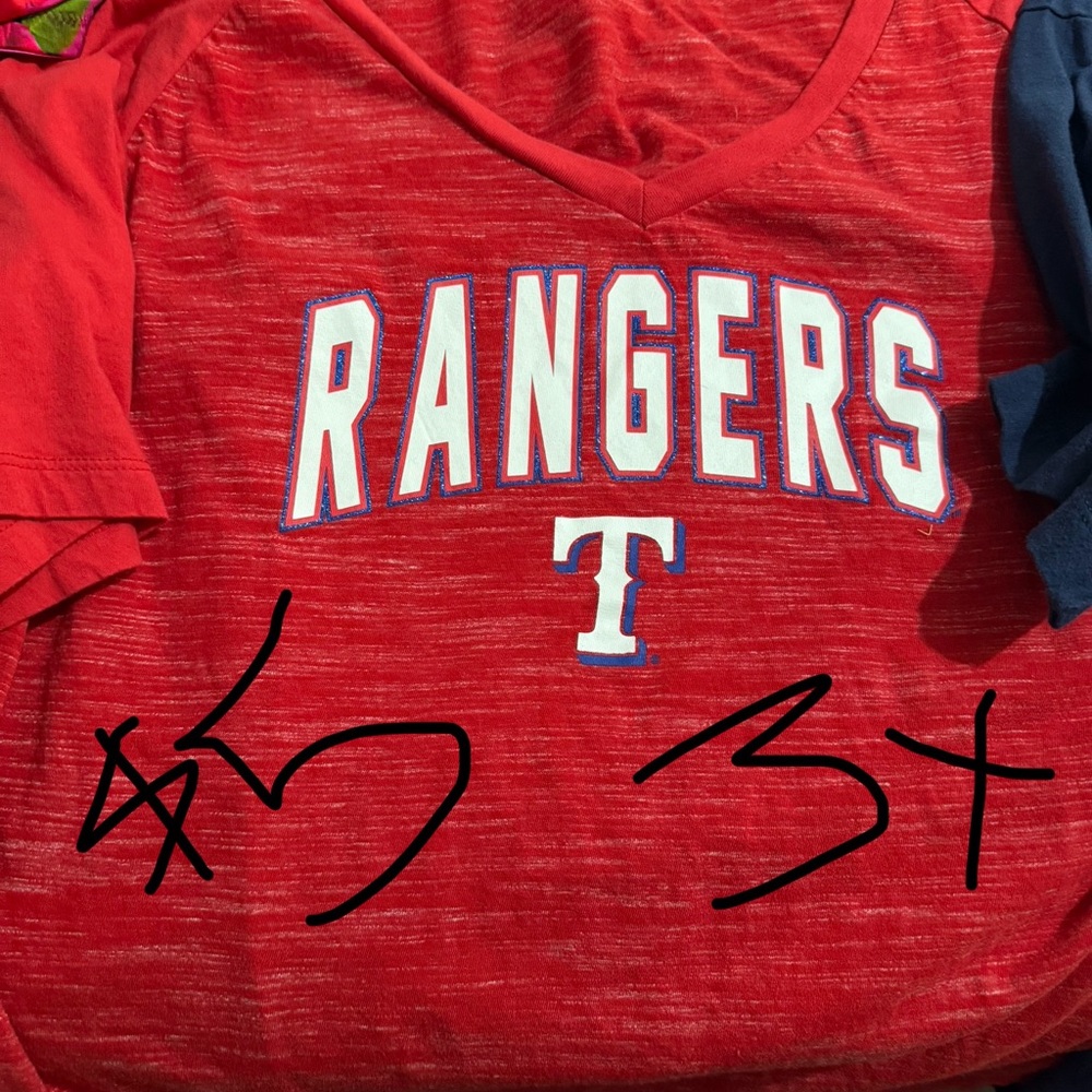 Red Short Sleeve Tee with Rangers Text and Logo